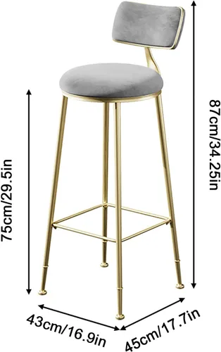Vista 2 de Taburetes de bar de terciopelo modernos con respaldo y patas de metal dorado, cómodas sillas de bar altas tapizadas para cocina, isla de desayuno