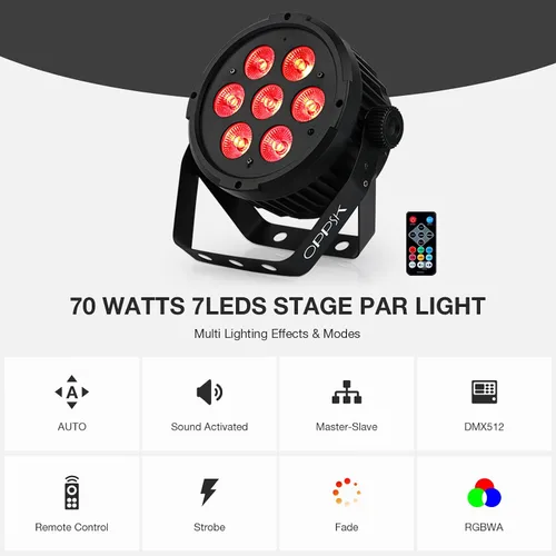 Vista 3 de Par de luz LED para escenario: 70 W RGBWA 5 en 1 LED par puede activar por sonido múltiples modos por control remoto y control DMX para eventos