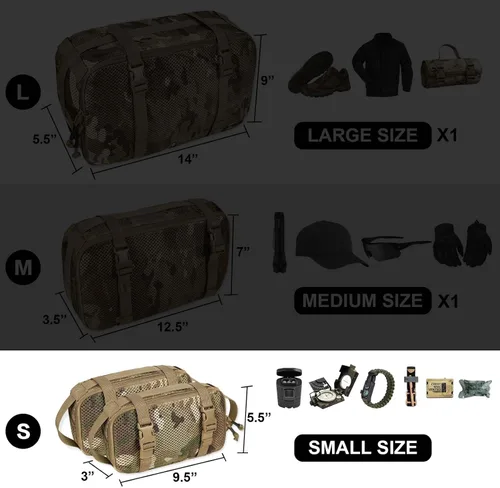 Vista 42 de Juego de 4 cubos de embalaje tácticos, bolsa de almacenamiento de malla compresible, organizador portátil Edc Molle.