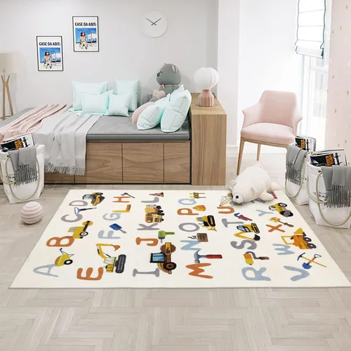 Vista 6 de Alfombra de construcción ABC de 3 x 5 pies para niños, alfombra de juego del alfabeto, alfombra de camión para dormitorio, juego de letras