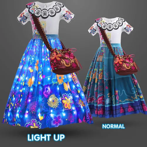 Vista 3 de UPORPOR Disfraz de Mirabel Isabella con luz para niña de Encanto para cumpleaños de 2 a 10 años