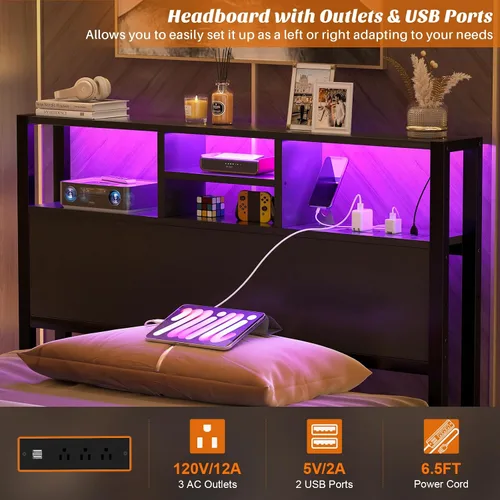 Vista 3 de Cabecero Aheaplus para Cama Individual con Almacenamiento, Cabeceros con Enchufes, Puertos USB y Luz LED, Cabecero Individual Solo, Altura