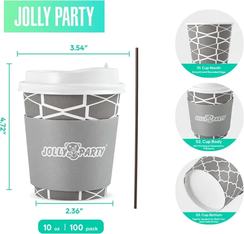 Vista 2 de JOLLY PARTY [100 Sets] Tazas de papel para café de 10 onzas, tazas de café desechables con tapas, fundas y popotes, tazas para bebidas