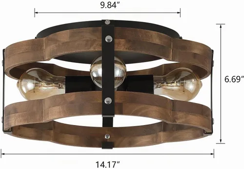 Vista 4 de 4-Luz Rústica Lámpara de Techo de Granja de Madera con Montura Empotrada 14.17 Pulgadas de Madera de Roble y Metal con Jaula de Nubes Semi Empotrada