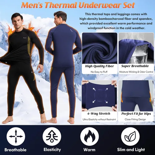 Vista 4 de romision 2 Pack Thermal Underwear for Men Long Johns Fleece Lined Hunting Gear Bottom Top Set Base Layer Cold Weather XS-4XL