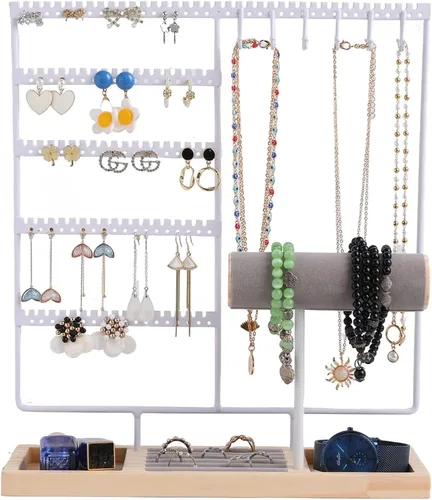 Vista 2 de WONSURE Organizador de joyas, soporte para collares, colgador de aretes colgantes, estante de torre de joyería de 5 niveles, organizador de aretes