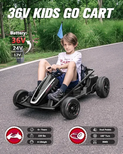Vista 2 de Go Kart eléctrico de 36 V 10 MPH para edades de 6 a 18 años, carrito de Negro
