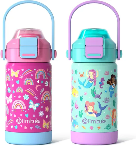Vista 12 de Botella de agua aislada para niños con pop-open pajita y pico 2-en-1, botella de agua aislada de 14 onzas para niños, botella de acero inoxidable