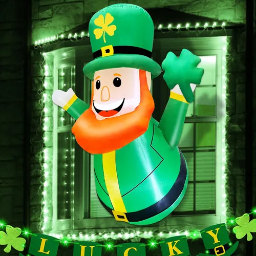 Vista 2 de TURNMEON Decoraciones inflables para el día de San Patricio de 3.5 pies, duende inflable que sostiene el trébol de trébol fuera de la ventana