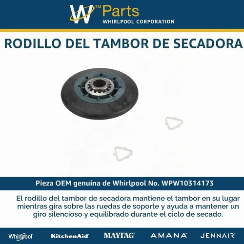 Vista 5 de Whirlpool WPW10314173 Pieza de repuesto de rodillo de soporte de tambor de carga frontal original OEM - Sustituye a 3388342, 3396801, 3396802