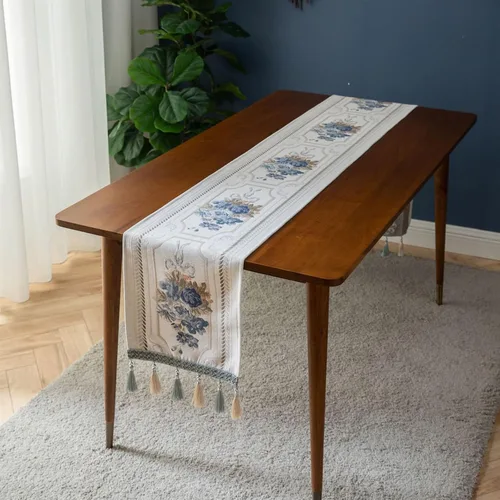 Vista 7 de Camino de mesa de lujo bordado, largo camino de mesa de comedor, elegante bufanda de jacquard con borlas múltiples para decoración de mesa