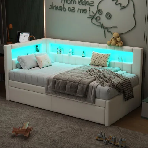 Vista 3 de Sofá cama tapizado de tamaño individual con puertos USB y luces LED, cama esquinera con 2 cajones y cabecera en forma de L, cama esquinera suave