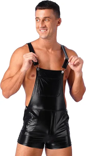 Vista 2 de Overol corto metálico brillante para hombre, con correas ajustables, enterizo de una pieza para fiesta, vestido elegante para club