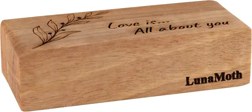 Vista 6 de LUNA MOTH Caja delgada de madera para anillos de boda, soporte de doble anillo de madera grabada para 2 anillos, caja rústica para propuesta