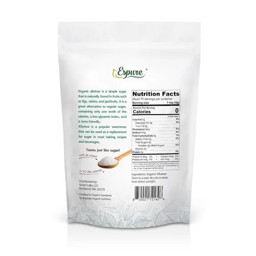 Vista 2 de Espure Alulosa orgánica – USDA certificada orgánica, reemplazo de azúcar bajo en calorías, sin OMG, vegano, sin gluten; 10 onzas