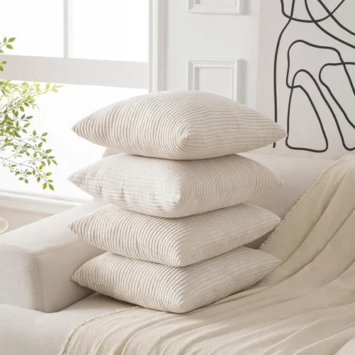 Vista 2 de Volcanics - Juego de 4 fundas de almohada de pana beige crema de 18 x 18 pulgadas Decorative Modern Double-Sided Striped Cushion Cases, Soft Boho