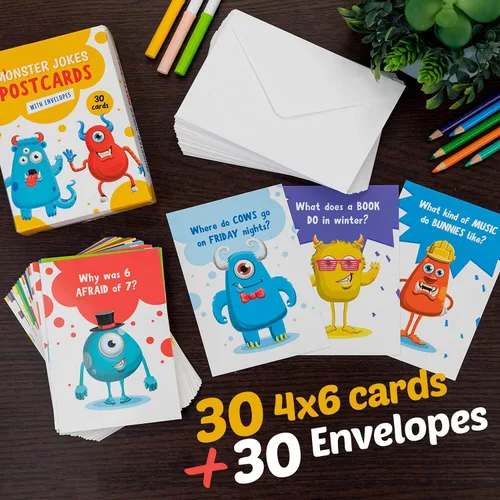Vista 2 de Monster Jokes - Tarjetas para niños con sobres, 30 tarjetas postales divertidas de doble cara de 6 x 4 con sobres