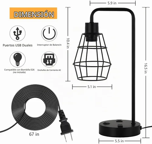 Vista 2 de BTY Juego de 2 lámparas de mesa USB Edison con puertos de carga USB duales y 2 clavijas de salida de CA, jaula de alambre de metal, lámpara de mesa
