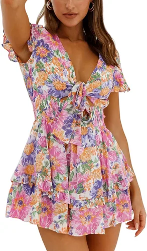 Vista 4 de Relipop Vestido floral de verano para mujer cuello en V lazo en el busto manga acampanada cintura elástica dobladillo con volantes vestidos casuales