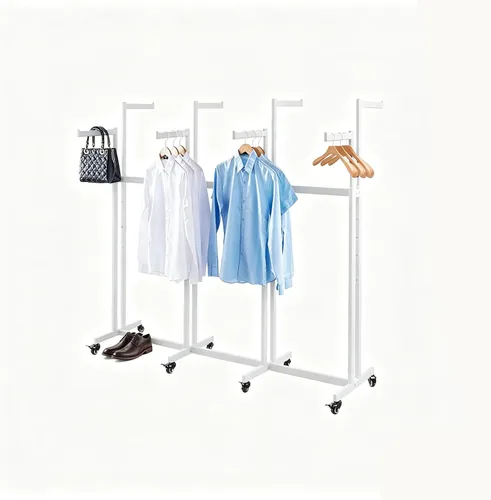 Vista 12 de Perchero de pie de metal para ropa - Estantes de exhibición resistentes para uso comercial con ruedas, perchero de ropa de 6 brazos, perchas