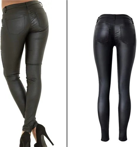 Vista 2 de Newbestyle - Pantalones de mezclilla de piel sintética con estilo para mujer