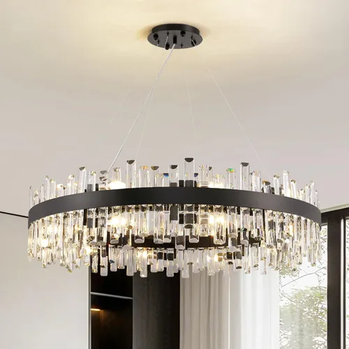 Vista 26 de Siljoy - Candelabro de cristal moderno, 12 luces, lujoso, redondo, de 2 niveles, con cristal K9 en forma de gota de lluvia, lámpara colgante de Oro