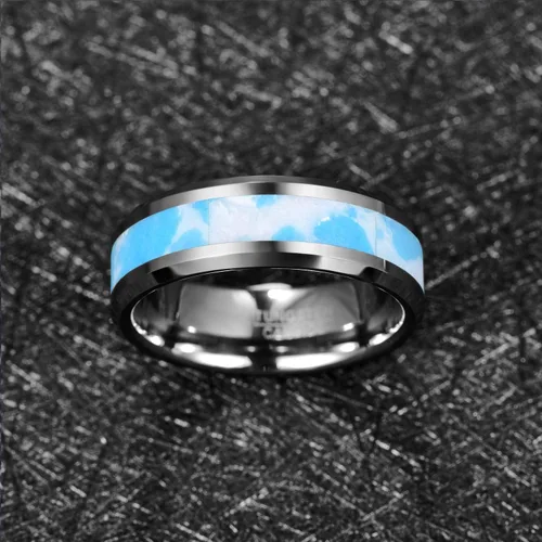 Vista 4 de MEILING LINGMEI Mens Tungsten Rings 8mm Blue and White Artificial Stone Inlay Wedding Bands Comfort Fit Size 7-12
