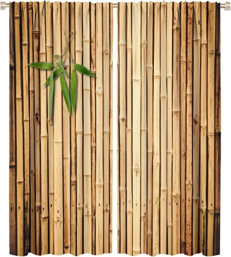 Vista 24 de Cortinas con estampado de bambú, tallos y hojas de bambú, temática oriental natural, oscurecimiento de habitación, ventana, ventana, cortina