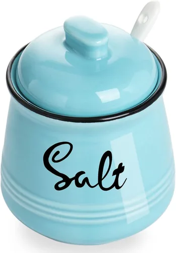 Vista 10 de Farmhouse - Sal de porcelana con tapa y cuchara, 12 onzas, fácil de limpiar (azul marino)
