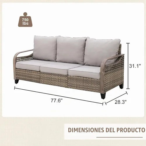 Vista 2 de Sofá de mimbre para patio, sofá para exteriores, 3 asientos Marrón/Gris