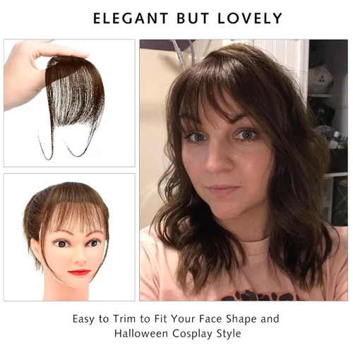 Vista 5 de Flequillo con clip, cabello humano real, flequillo natural con flecos y patillas laterales, postizo de cabello castaño medio Marrón medio
