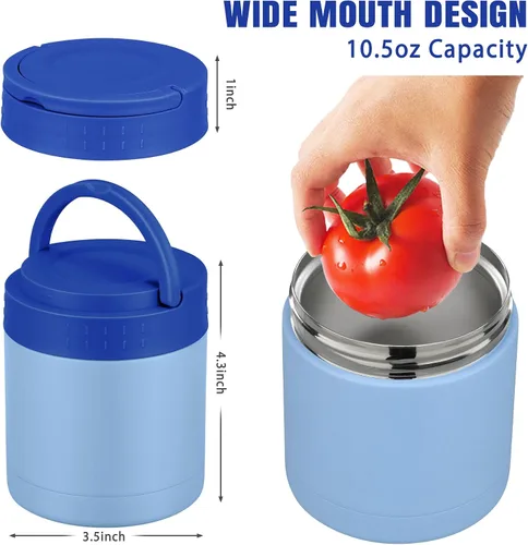 Vista 2 de HWONMTE Termo de sopa de 10.5 onzas para comida caliente, para niños y adultos, tarro de alimentos aislado con asa ancho de boca, recipientes de Azul