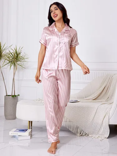 Vista 3 de WDIRARA Conjunto de pijama de manga corta y pantalones de satén a rayas para mujer