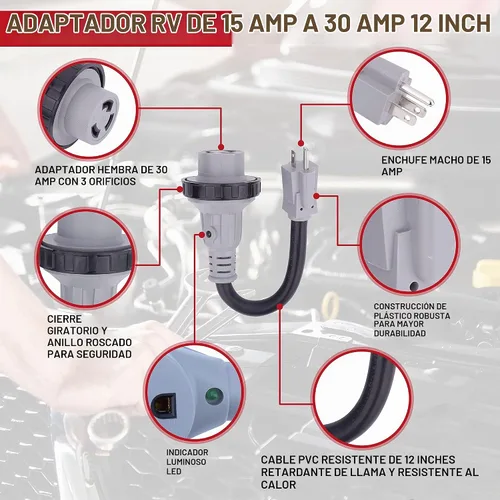 Vista 4 de AA Ignition Adaptador RV de 15 amperios a 30 amperios de 12 pulgadas, macho 5-15P a hembra L5-30R, enchufe convertidor eléctrico Dogbone de 125