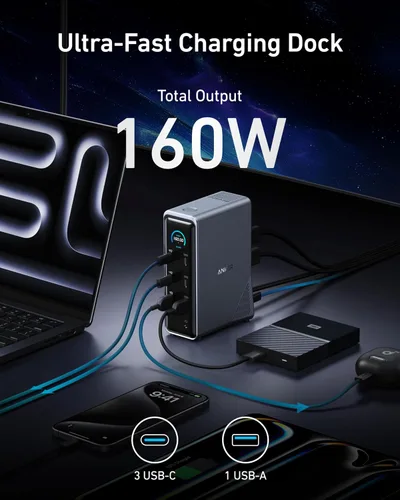 Vista 7 de Estación de acoplamiento Anker Prime, 14 puertos con salida máxima de 160W, transferencia de datos rápida de 10Gbps, interfaz inteligente en tiempo