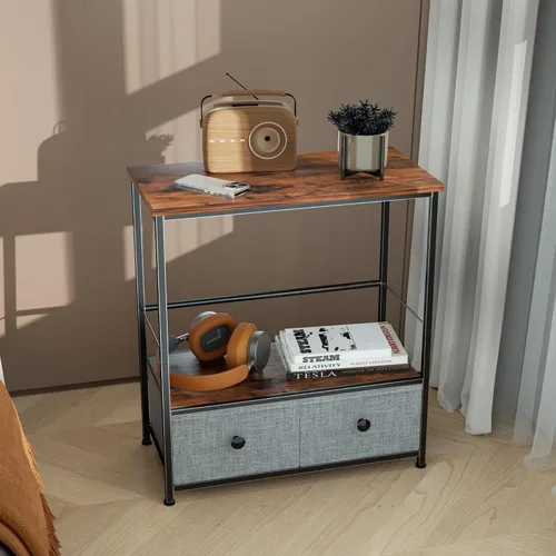Vista 6 de DALEMHOME Soporte para tocadiscos con almacenamiento de vinilo, mesa de 2 niveles con cajón de tela, capacidad para hasta 110 discos de vinilo, mesa