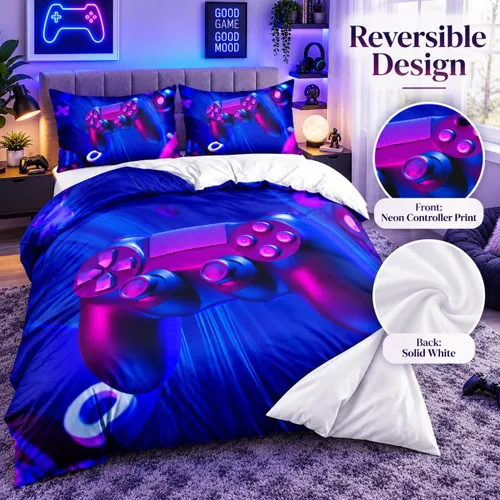 Vista 4 de Juego de funda de edredón de tamaño individual con estampado 3D de Gamepad azul para niños, fundas de edredón y fundas de almohada para dormitorio