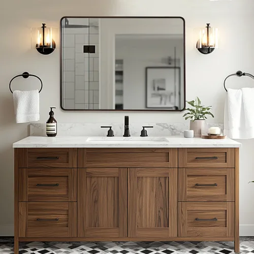 Vista 35 de Espejo de latón para baño, espejo rectangular redondeado de 22x30 pulgadas con marco de metal cepillado dorado, espejo de tocador de baño sin