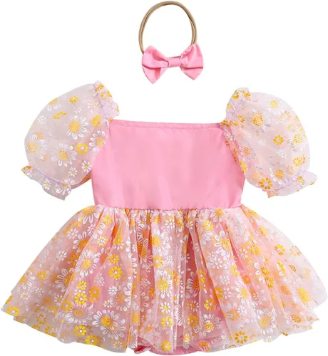 Vista 13 de IDOPIP Conjunto de 2 piezas para bebé recién nacido, con diadema, bordado de flores, tutú, princesa, fiesta de cumpleaños, conjunto de ropa