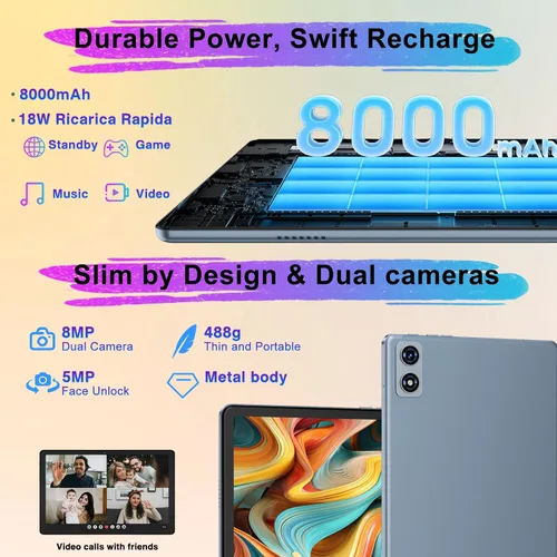 Vista 8 de Tableta Android 2026 de 10 pulgadas, 22G RAM+128G ROM/expansión de 1 TB, batería de 8000 mAh, octa-Core, pantalla HD 1280 * 800 IPS, desbloqueo