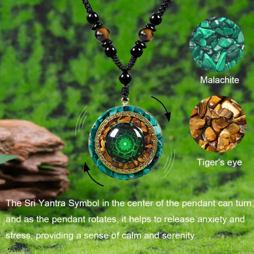 Vista 3 de Day Day Up Collar de orgonita - Colgante giratorio Sri Yantra para antiestrés, ansiedad y meditación - Piedra de malaquita y ojo de tigre