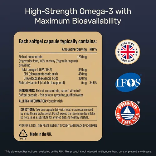 Vista 3 de Aceite de pescado Omega 3 1200 mg (480 mg EPA/360 mg DHA por cápsula) de alta resistencia, ultra puro, respetuoso con el medio ambiente, 60