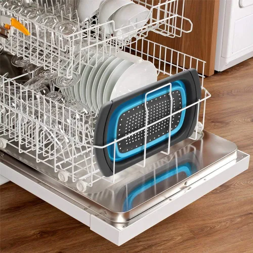 Vista 6 de Qimh Colador plegable, colador sobre el fregadero, coladores de alimentos con asas extensibles, 6 cuartos de galón, colador plegable de cocina apto