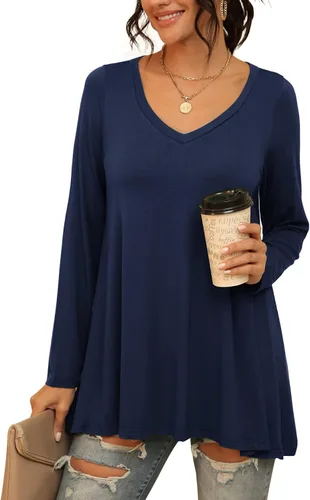 Vista 19 de AWULIFFAN Blusa tipo túnica holgada de manga larga con cuello redondo para mujer