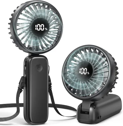 Vista 8 de Ventilador de mano plegable, ventiladores de mano recargables de 5000 mAh con potente refrigeración, 4 velocidades, pantalla LED, ventilador