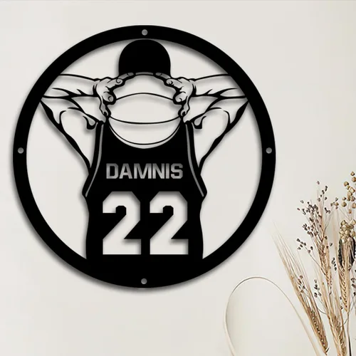 Vista 2 de Letrero de metal personalizado para jugador de baloncesto con luz LED, nombre y número personalizados, arte de pared de baloncesto, decoración