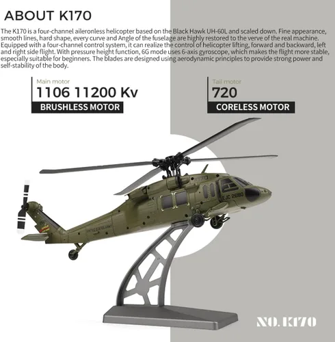 Vista 5 de Helicóptero RC K170 UH60L, helicóptero de control remoto para adultos principiantes, 2.4G 4CH RC Plane 6 ejes giroscopio altitud aeronaves militares