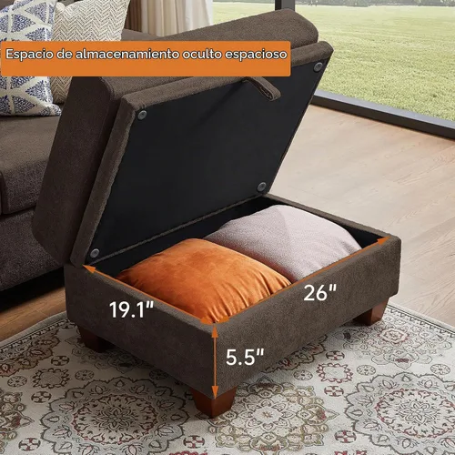 Vista 4 de Sofás seccionales de 4 asientos para sala de estar, dormitorio, oficina con almacenamiento, sofá modular convertible en forma de L con otomana y Café