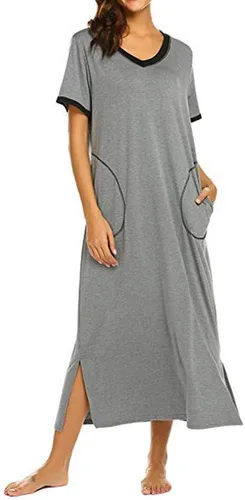 Vista 4 de Camisón largo para mujer, súper cómodo, manga corta, sólido, ropa de descanso, casual, vestido de dormir, talla grande, ropa de dormir con bolsillo