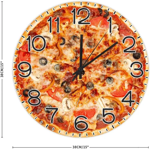 Vista 2 de Reloj redondo de madera para pared, comida y pizza, con números arábigos, silencioso, sin tictac, funciona con pilas, para decoración de casa
